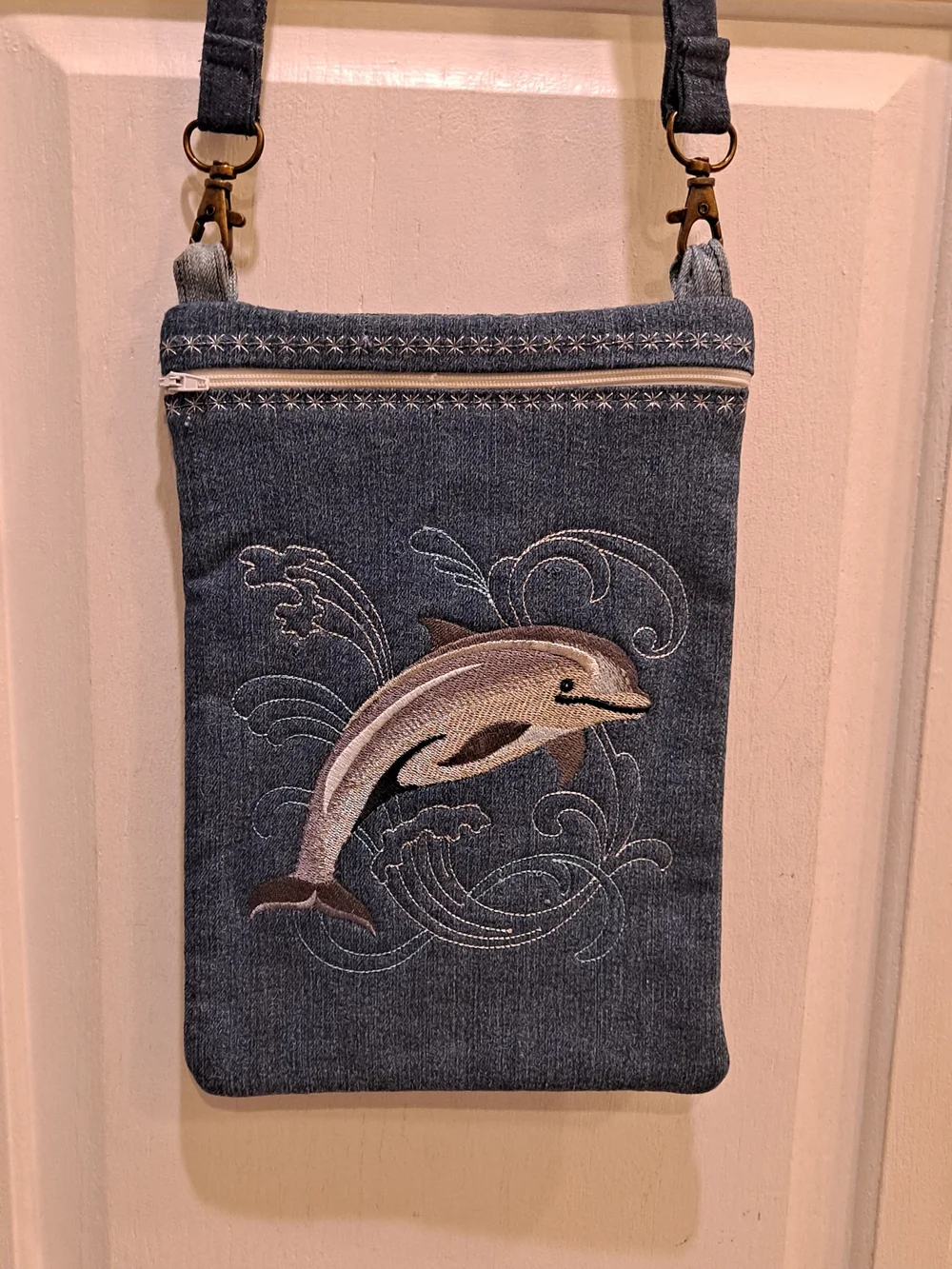 Artisan Handmade Upcycled Denim Dolphin Embroidered Crossbody Bag - Blue